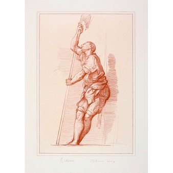 Engraving Man leaning against a wall and holding a halberd - Titian