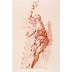 Engraving Man leaning against a wall and holding a halberd - Titian