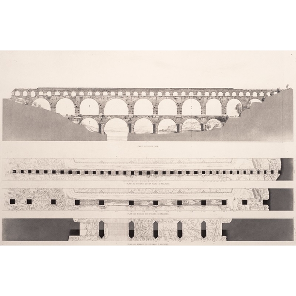 Pont du Gard : façade occidentale et plans des trois rangs d'arcades