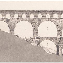 Engraving Gard bridge: western façade and plans of the three rows of arcades