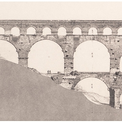 Estampe Pont du Gard : façade occidentale et plans des trois rangs d'arcades