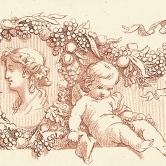 Two "amours" around a medallion with fruits and grape clusters - Péquégnot after François Boucher