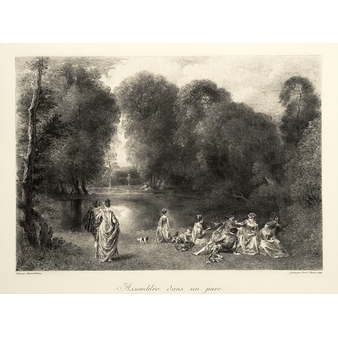 Engraving The assembly in a park - Jean-Antoine Watteau