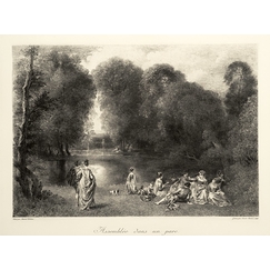 Engraving The assembly in a park - Jean-Antoine Watteau