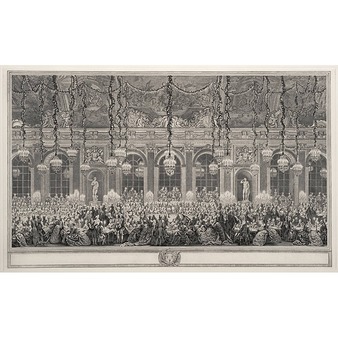 Le jeu du roi et de la reine dans la grande galerie du château de versailles, à l'occasion du second mariage de dauphin avec marie-josephe de saxe, le 9 février 1747