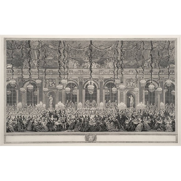 Le jeu du roi et de la reine dans la grande galerie du château de versailles, à l'occasion du second mariage de dauphin avec marie-josephe de saxe, le 9 février 1747