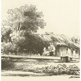 Hamlet with wooden houses, surrounded by some trees - Rembrandt