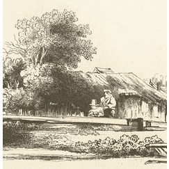 Hamlet with wooden houses, surrounded by some trees - Rembrandt