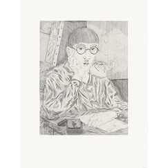 Engraving Self-portrait of the artist with a cat - Foujita