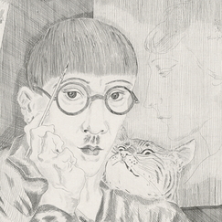 Engraving Self-portrait of the artist with a cat - Foujita