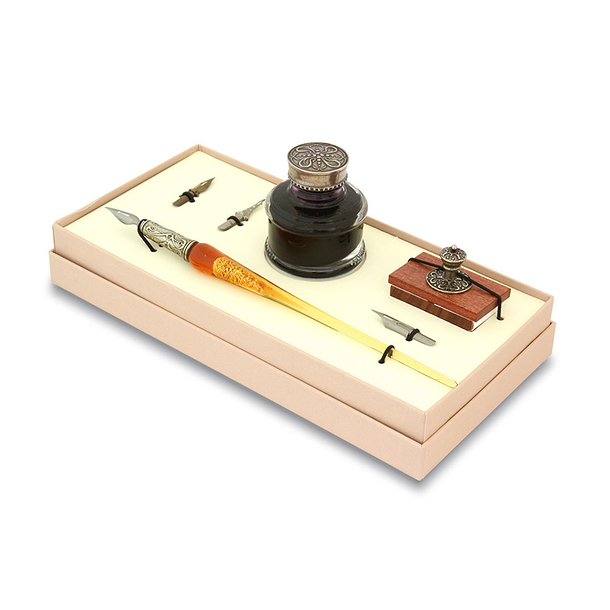 Coffret de calligraphie avec porte-plume en verre Ambre