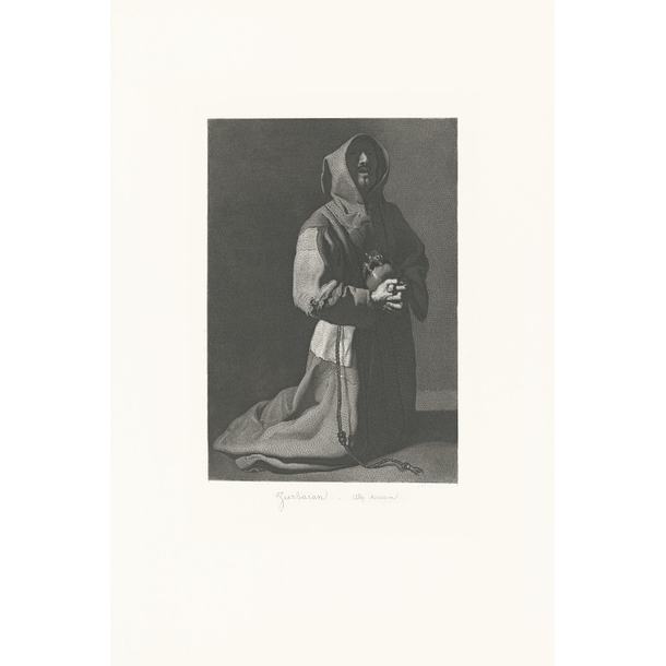 Engraving Kneeling and praying monk - Zurbarán