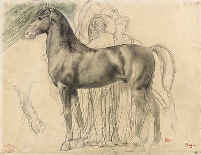 Cheval de profil à gauche et deux femmes retenant un cheval, étude pour Sémiramis construisant Babylone