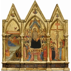 Tryptique fixe. Au centre : La Vierge et l'Enfant entourés de vingt anges et de quatre saints (Jean-Baptiste, Pierre, Paul et Laurent [']), à gauche : La Nativité, à droite : La Crucifixion