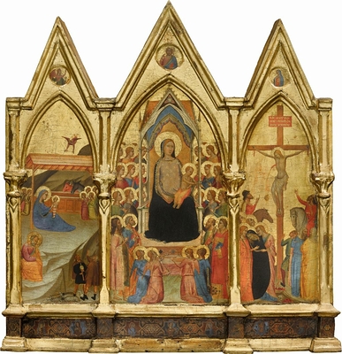 Tryptique fixe. Au centre : La Vierge et l'Enfant entourés de vingt anges et de quatre saints (Jean-Baptiste, Pierre, Paul et Laurent [']), à gauche : La Nativité, à droite : La Crucifixion