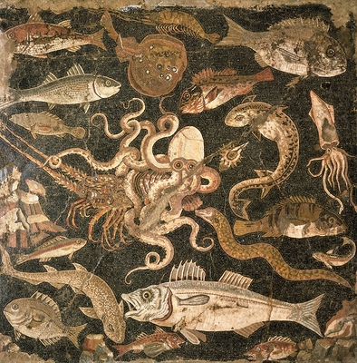 Mosaïque représentant une bataille entre une pieuvre et un homard (détail), IIe siècle avant J.-C.