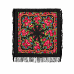 Châle en laine noir Motifs de fleurs russes - 89 x 89 cm