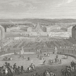 Versailles vers 1685. Grande cour et avant-cour du château, place d'Armes ; grande et petite écurie du roi