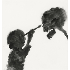 Love and Death, Cupid, the child god of love, instead of shooting arrows, holds a brush and draws death. Death in turn draws the child
