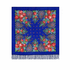 Châle en laine bleu Motifs de fleurs russes - 89 x 89 cm