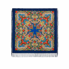 Châle en laine bleu Motifs de fleurs russes - 125 x 125 cm