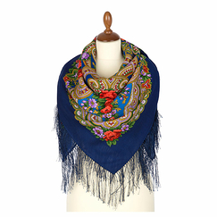 Châle en laine bleu Motifs de fleurs russes - 125 x 125 cm