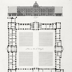 Engraving Plan, elevation and section of the Louvre - Louis-Pierre Baltard
