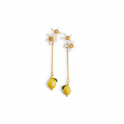 Boucles d'oreilles Tiges pendantes Citron et fleurs de citronnier - Mignon Citron - Les Néréides