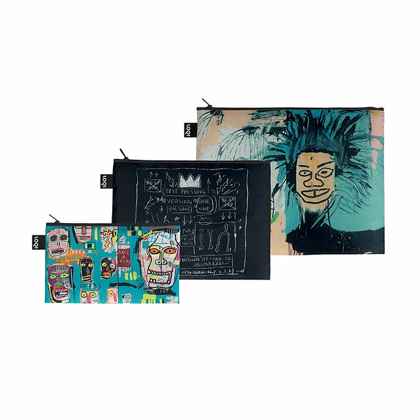 Set of 3 Recycled Zip Pockets Jean-Michel Basquiat - Skull, Crown, Portrait - Loqi
