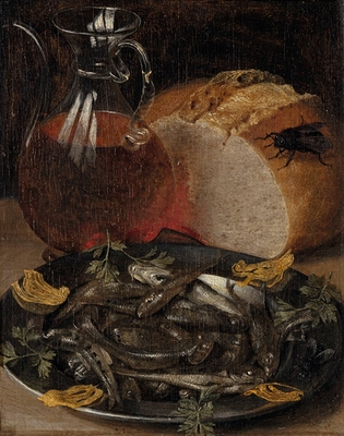 Still life with fish and bottle of wine