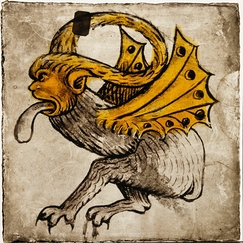 Animal fantastique tirant la langue, à pattes de quadrupède, tête et ailes de dragon
