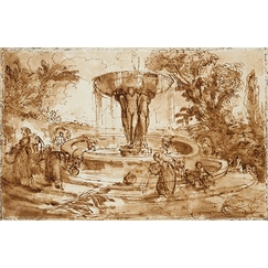 Women and children near a fountain, decorated with a basin