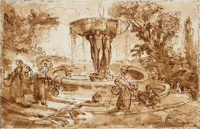Women and children near a fountain, decorated with a basin