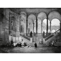 Large staircase of a palace with washerwomen
