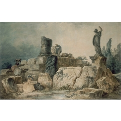 Two young women drawing in an ancient ruin site