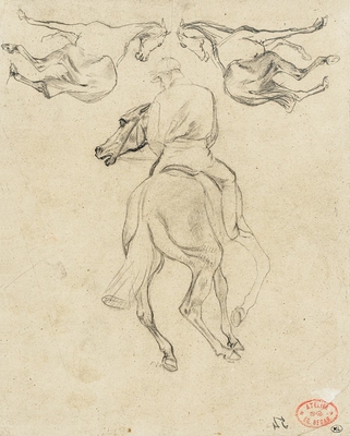 Jockey à cheval, vu de dos, et deux chevaux