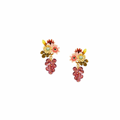 Romantic flower and Cardinal grape bunch dangling post earrings - Les Néréides