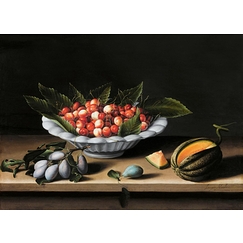 Coupe de cerises, prunes et melon