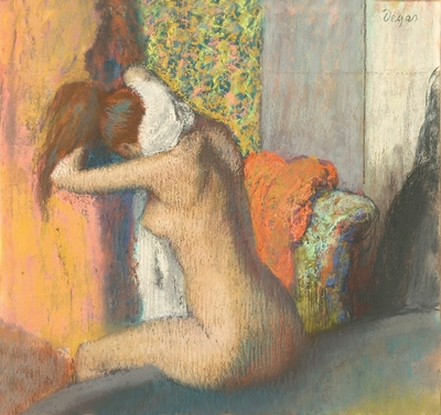 After the bath, woman wiping her neck