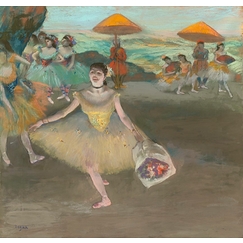 Dancer with bouquet, curtseying