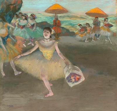 Dancer with bouquet, curtseying