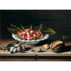 Coupe de cerises, prunes et melon