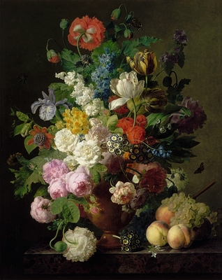 Vase de fleurs, raisins et pêches