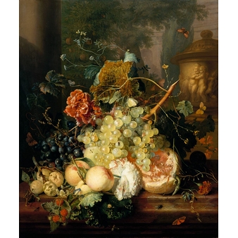 Fruits and flowers near a vase decorated with cherubs.