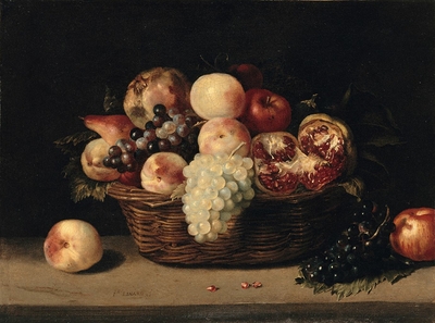 Basket of pomegranates, peaches and grapes