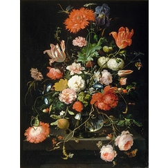 Still-life with flowers in a crystal carafe placed on a stone pedestal with a dragonfly