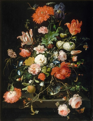 Still-life with flowers in a crystal carafe placed on a stone pedestal with a dragonfly