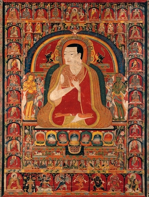 Portrait of Onpo Lama Rinpoche (1251-1296) and the Arhats