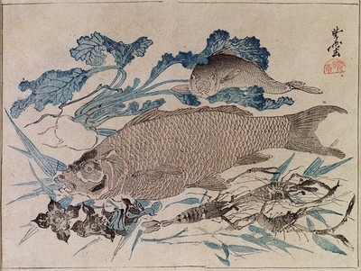 Poissons, écrevisse et fleurs