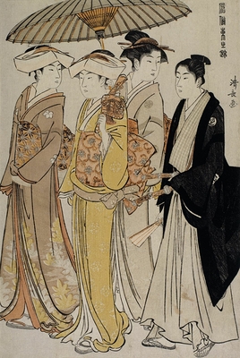 Filles de samouraï accompagnées d'un jeune homme